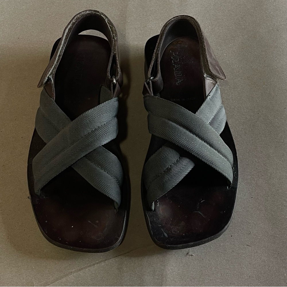 Prada Men’s Olive Crisscross Strap Leather Sandals